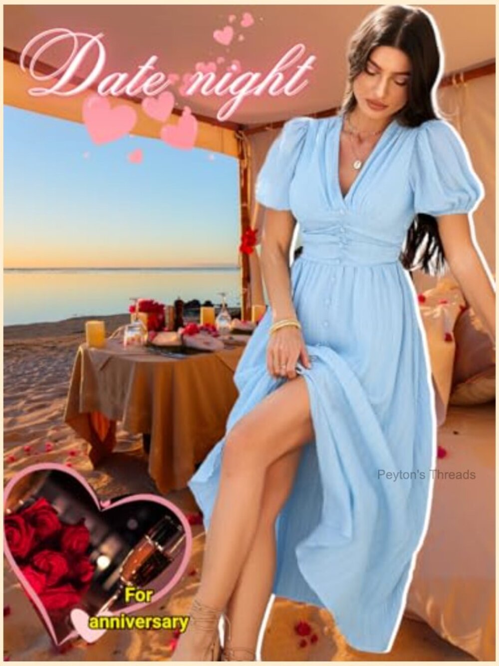 Flowy Maxi Dress with Deep V-Neck and Puff Sleeves - Picture 4 of 7